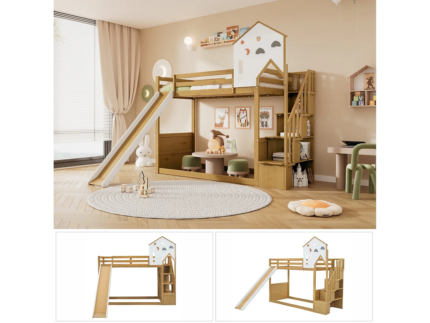 Lit superposé cabane 90x200cm - Avec toboggan et escalier de rangements - Pin - Blanc et naturel