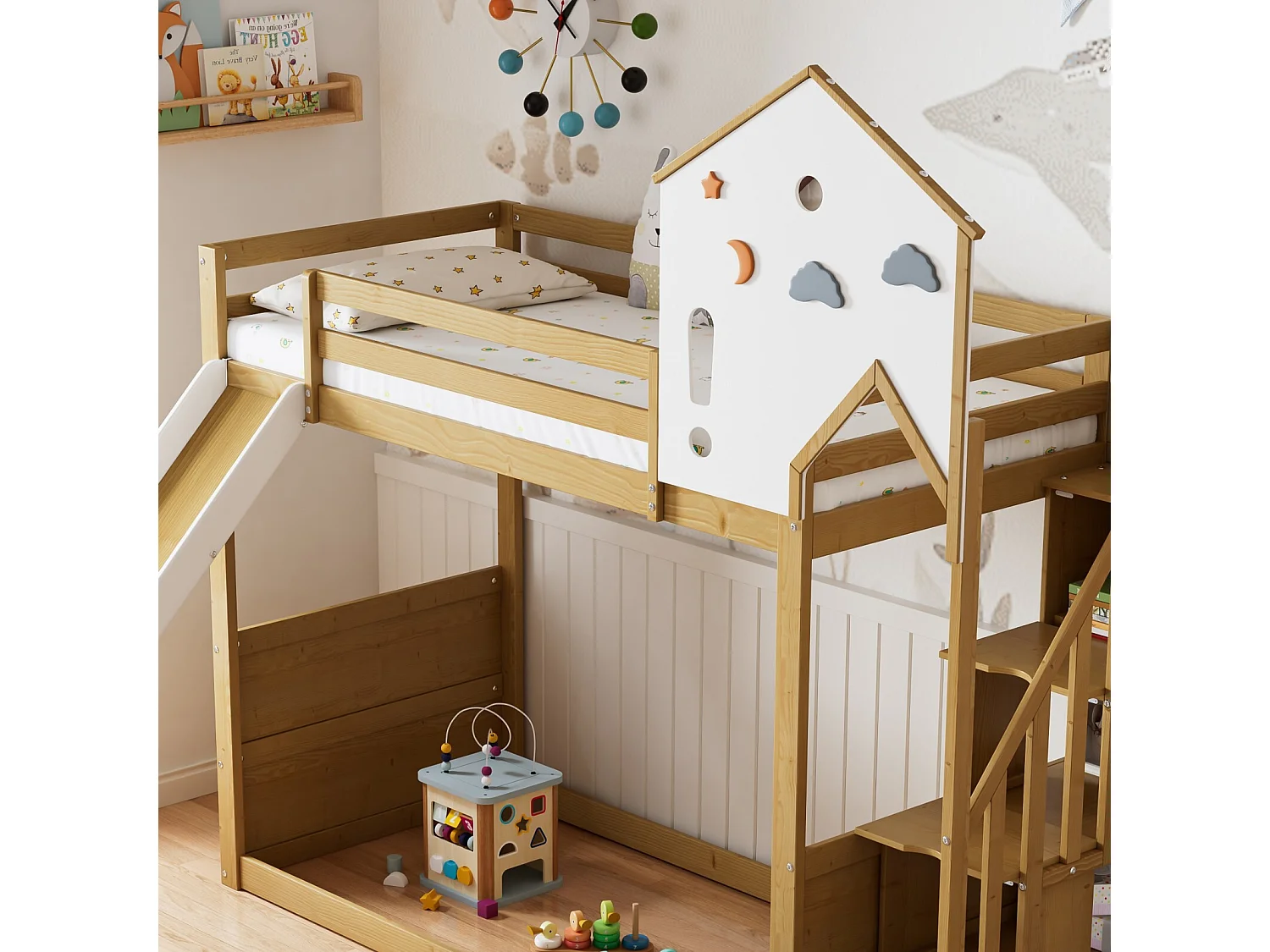 Lit superposé cabane 90x200cm - Avec toboggan et escalier de rangements - Pin - Blanc et naturel