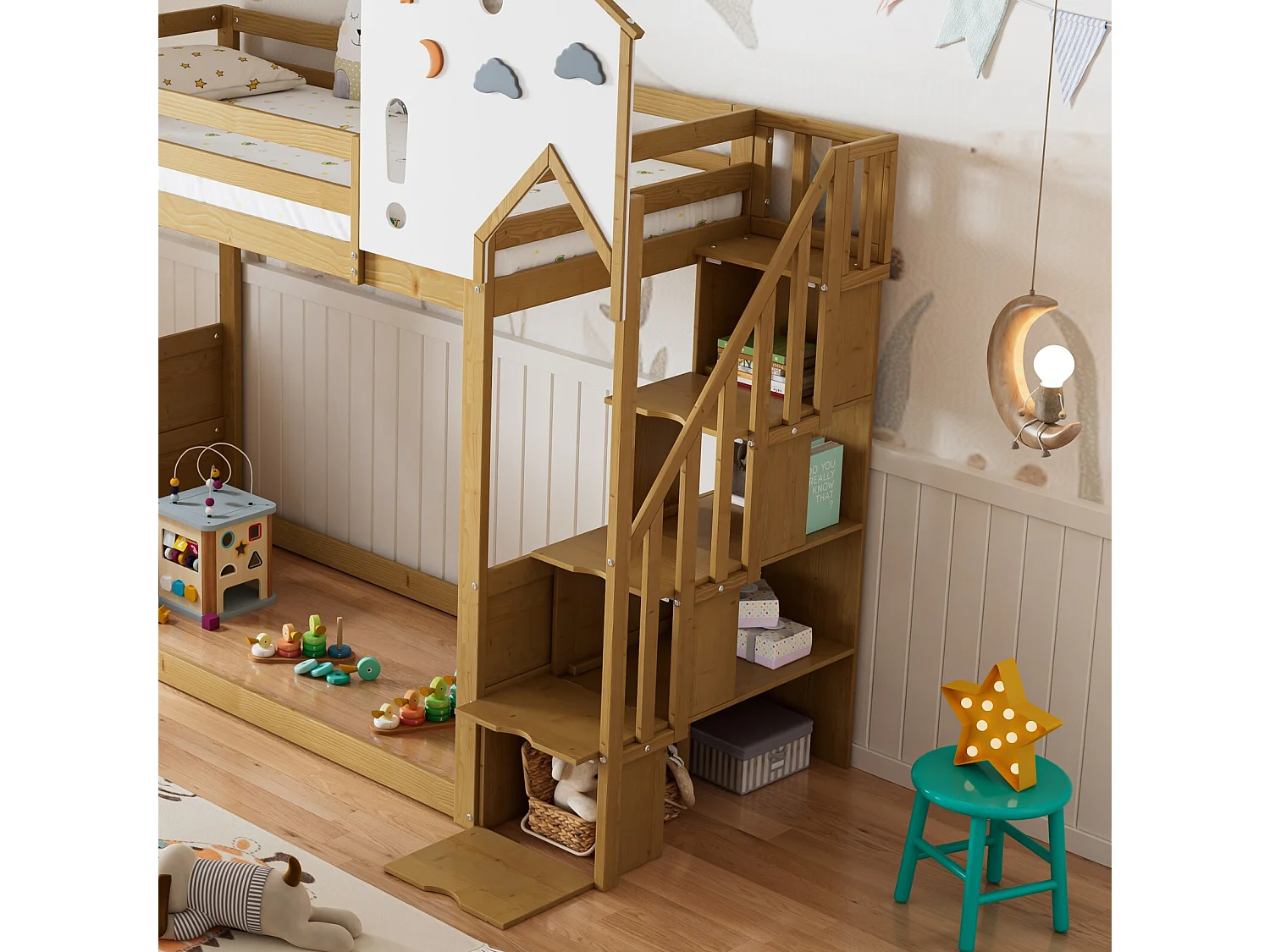 Lit superposé cabane 90x200cm - Avec toboggan et escalier de rangements - Pin - Blanc et naturel