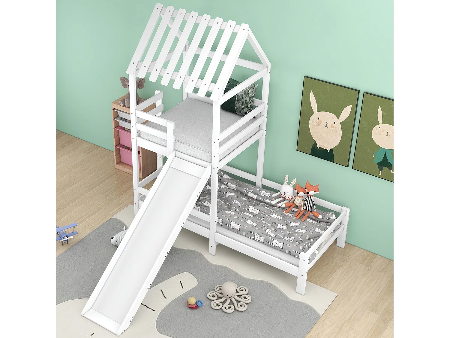 Lits superposés cabane 90x200cm et 90x100cm avec toboggan - Pin certifié FSC - Blanc