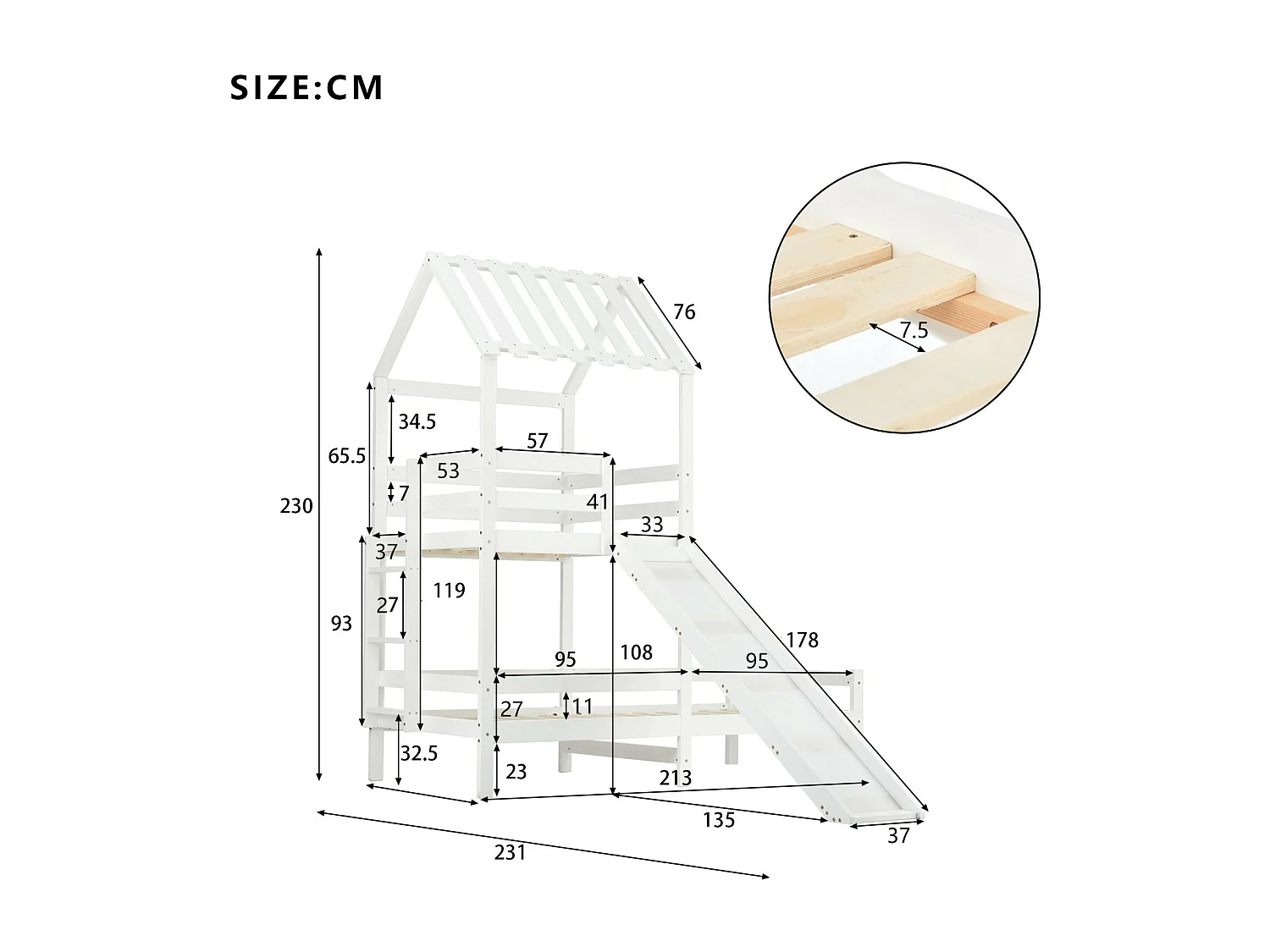 Lits superposés cabane 90x200cm et 90x100cm avec toboggan - Pin certifié FSC - Blanc
