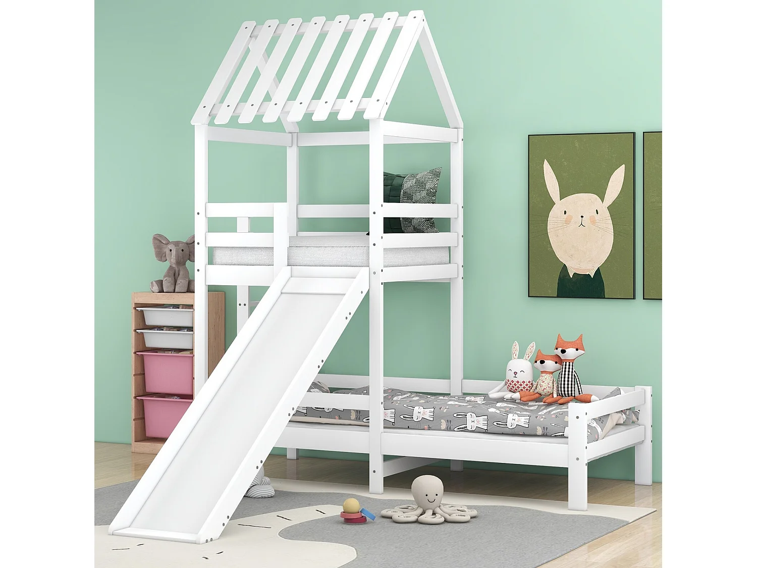 Lits superposés cabane 90x200cm et 90x100cm avec toboggan - Pin certifié FSC - Blanc