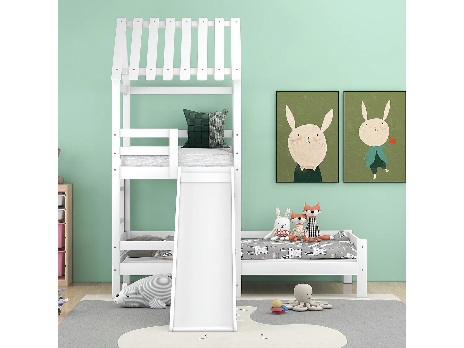 Lits superposés cabane 90x200cm et 90x100cm avec toboggan - Pin certifié FSC - Blanc