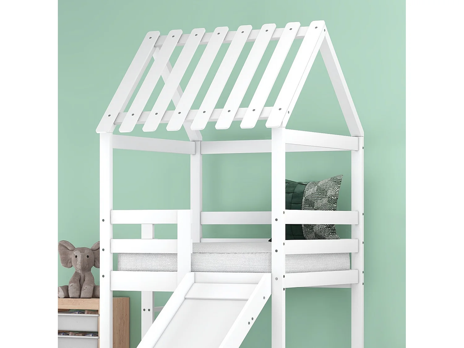 Lits superposés cabane 90x200cm et 90x100cm avec toboggan - Pin certifié FSC - Blanc