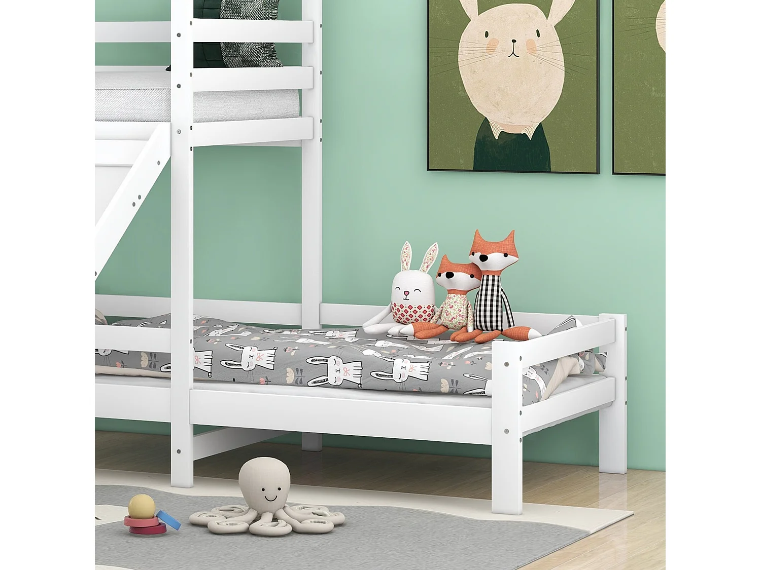 Lits superposés cabane 90x200cm et 90x100cm avec toboggan - Pin certifié FSC - Blanc
