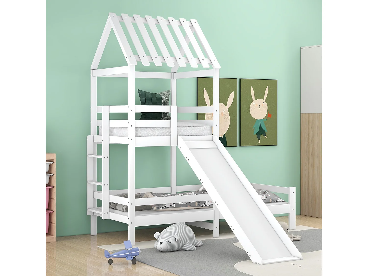 Lits superposés cabane 90x200cm et 90x100cm avec toboggan - Pin certifié FSC - Blanc