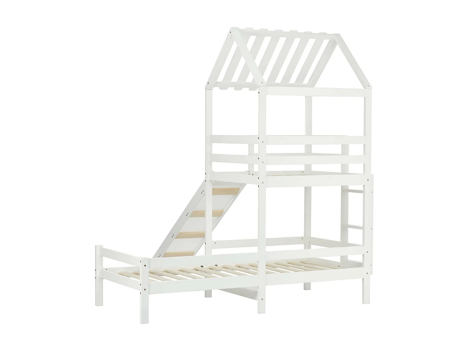 Lits superposés cabane 90x200cm et 90x100cm avec toboggan - Pin certifié FSC - Blanc