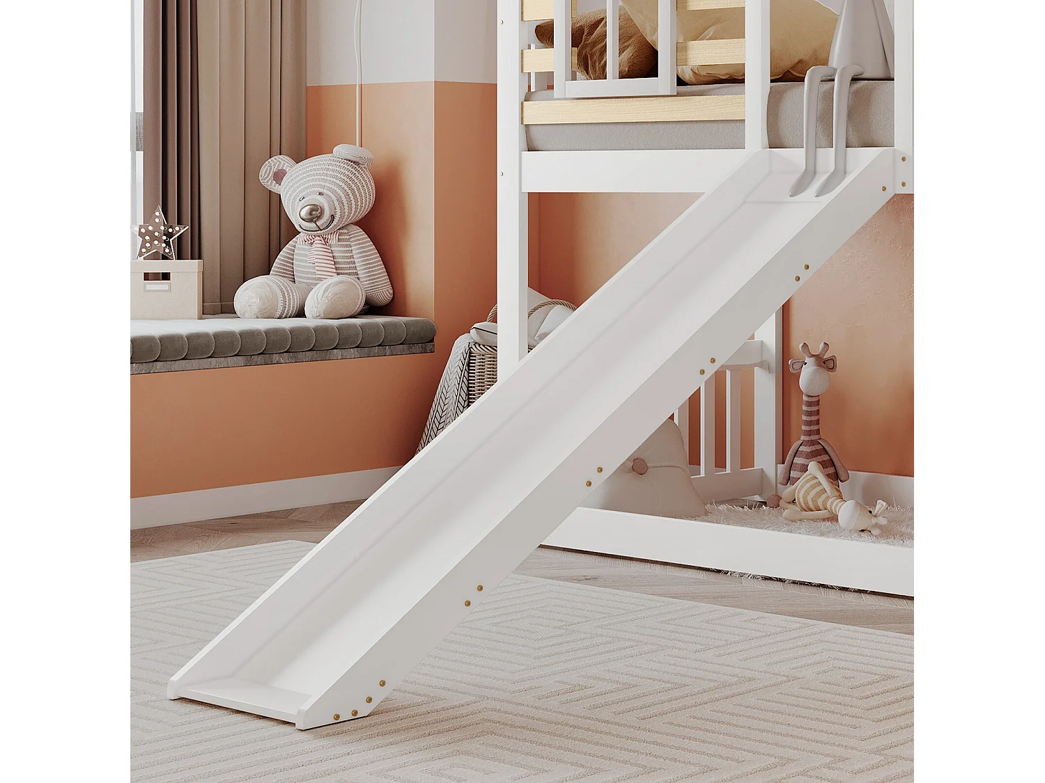 Lits superposés cabane 90 x 200 cm, avec escaliers, grilles et toboggan, Pin + MDF, Blanc