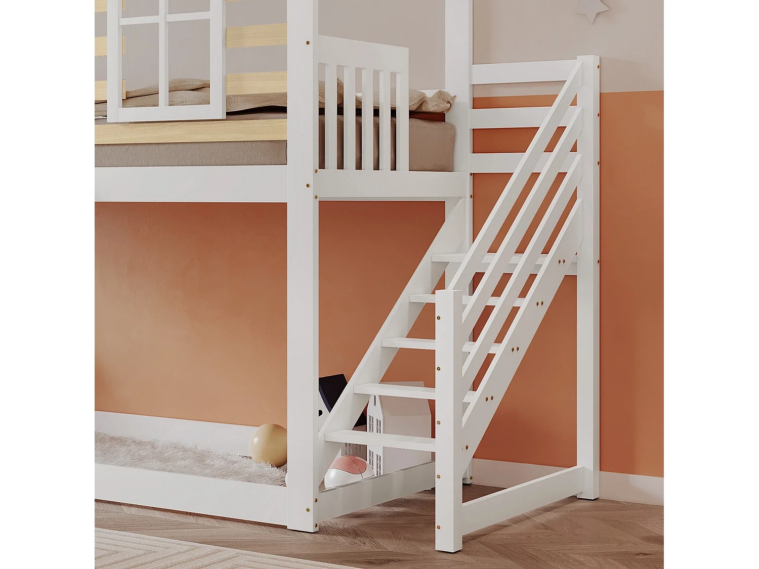 Lits superposés cabane 90 x 200 cm, avec escaliers, grilles et toboggan, Pin + MDF, Blanc