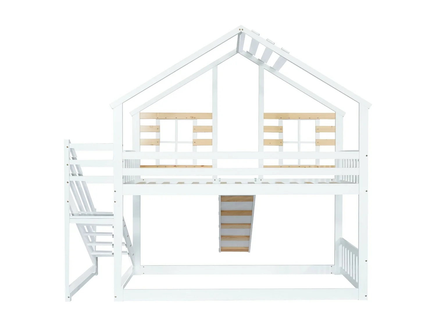 Lits superposés cabane 90 x 200 cm, avec escaliers, grilles et toboggan, Pin + MDF, Blanc