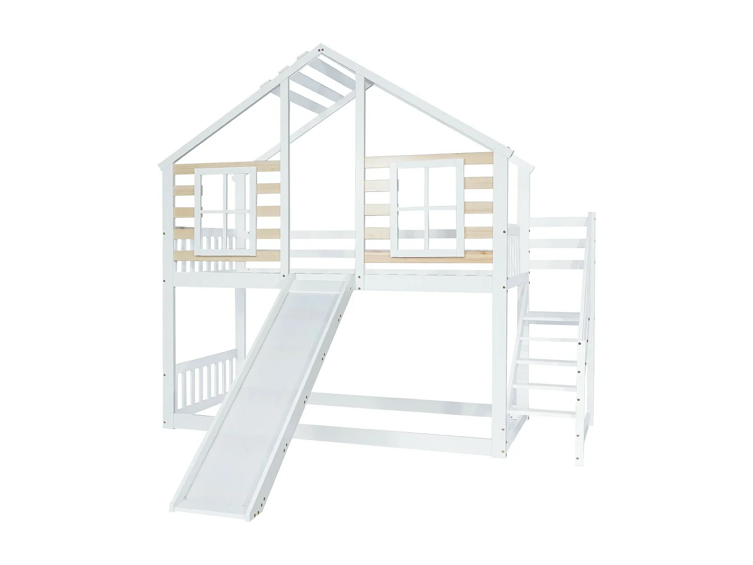 Lits superposés cabane 90 x 200 cm, avec escaliers, grilles et toboggan, Pin + MDF, Blanc