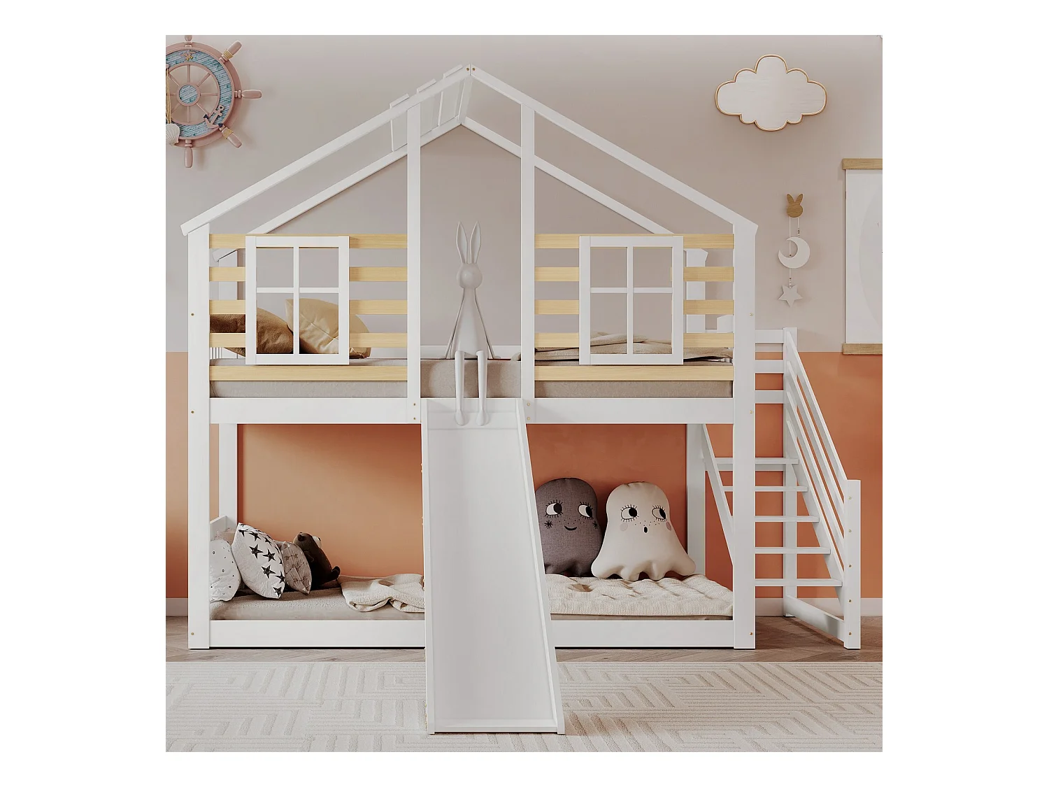 Lits superposés cabane 90 x 200 cm, avec escaliers, grilles et toboggan, Pin + MDF, Blanc