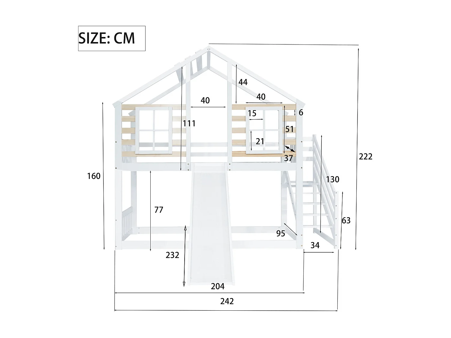 Etagenbetten Cabane 90 x 200 cm, mit Treppen, Gittern und Rutschen, Kiefern + MDF, weiß
