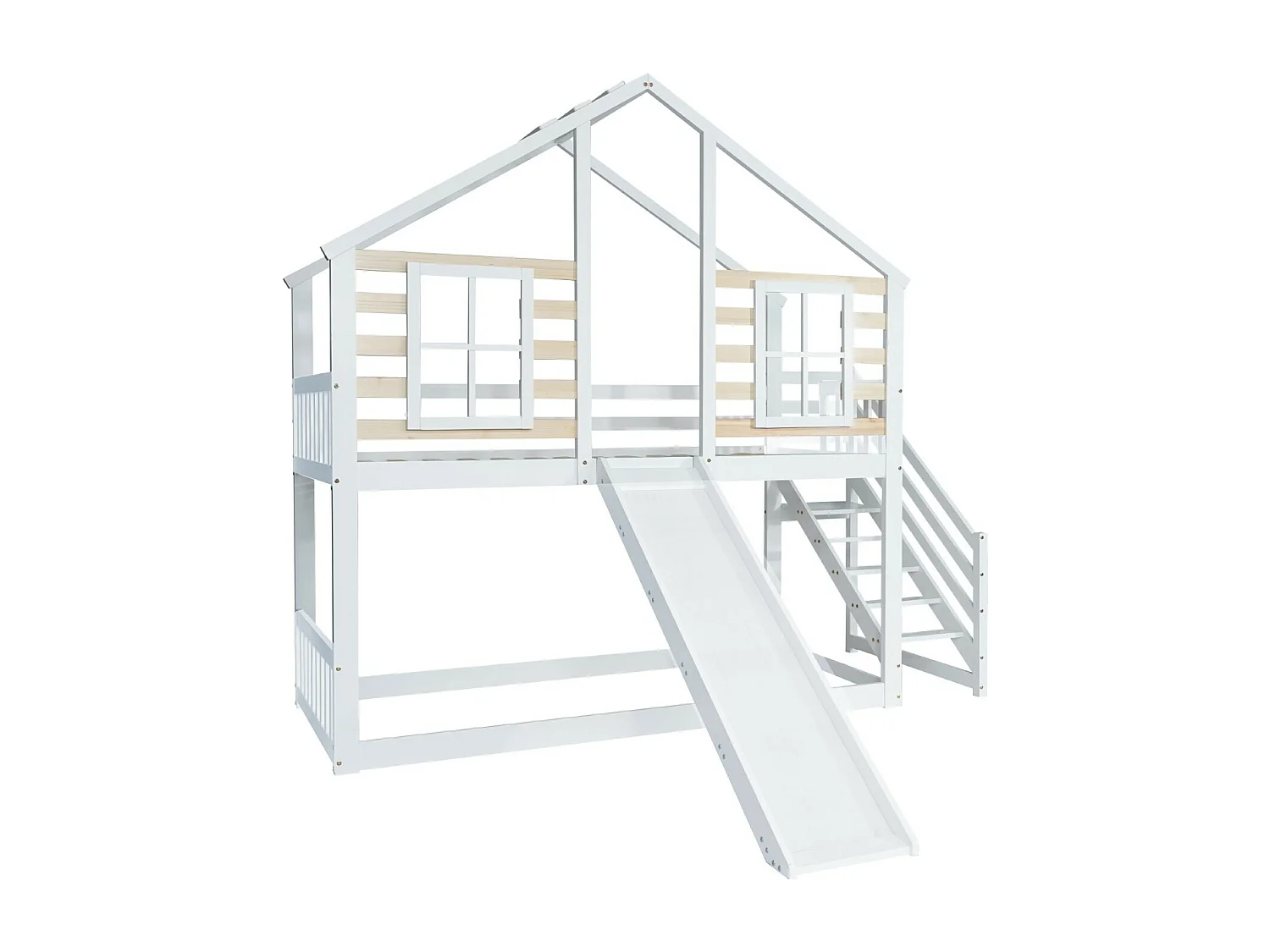 Etagenbetten Cabane 90 x 200 cm, mit Treppen, Gittern und Rutschen, Kiefern + MDF, weiß