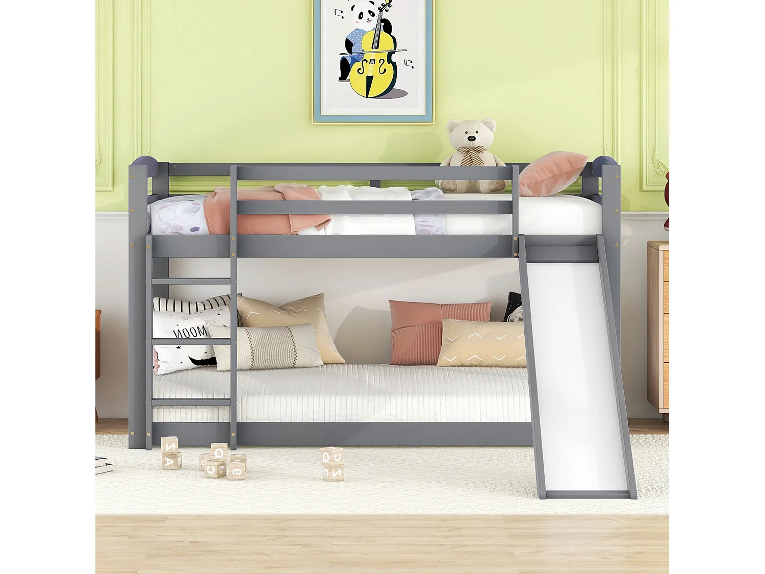 Lit superposé 90 x 200 cm - Avec toboggan et escalier - Pin - Charge max 120 kg - Gris