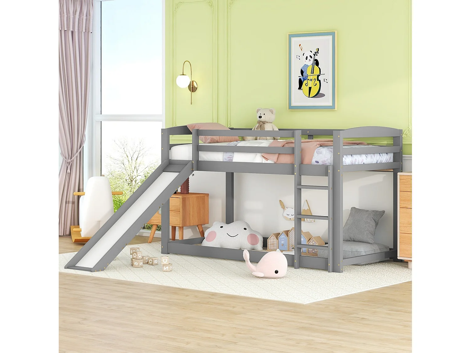 Lit superposé 90 x 200 cm - Avec toboggan et escalier - Pin - Charge max 120 kg - Gris