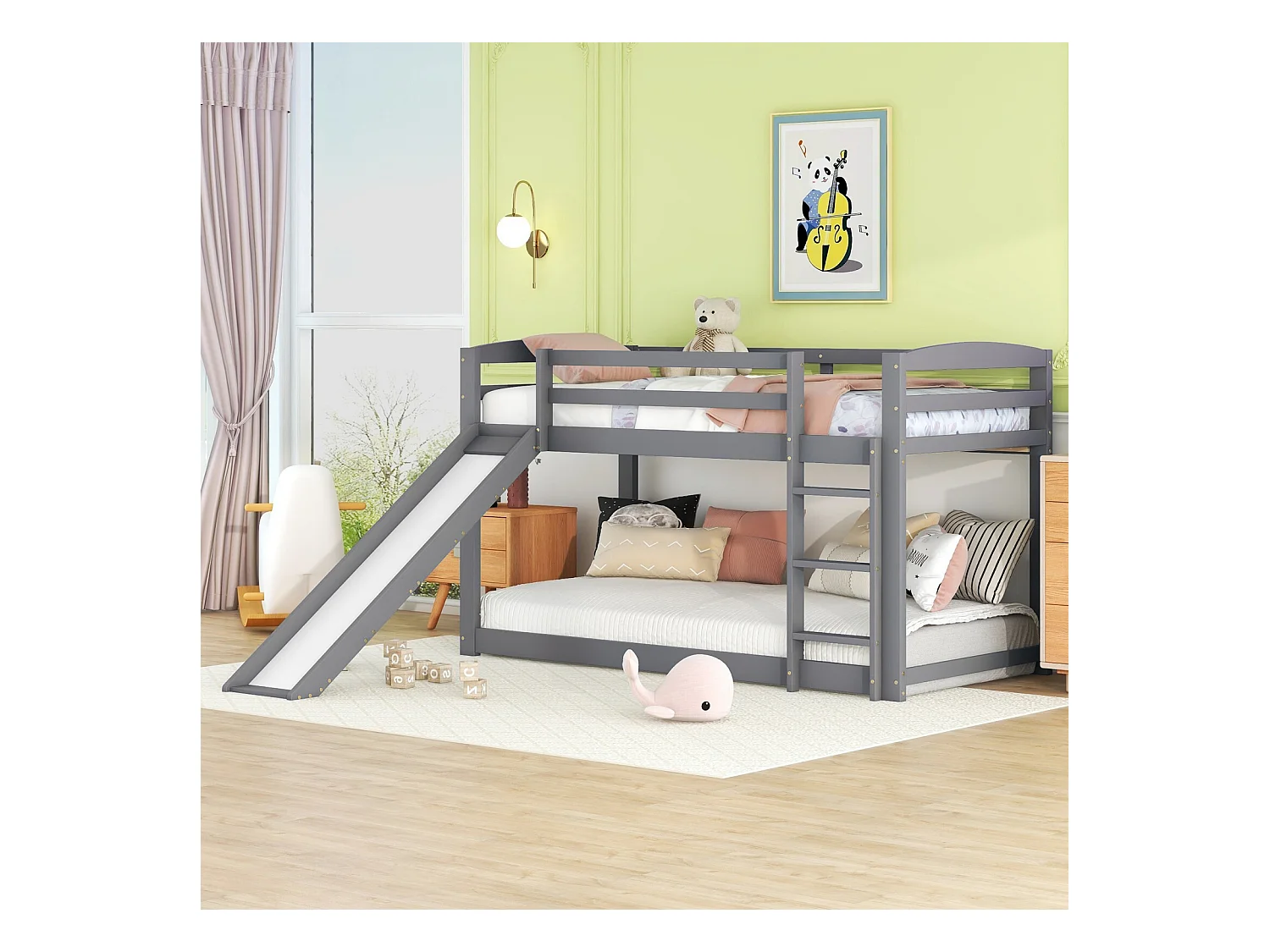 Lit superposé 90 x 200 cm - Avec toboggan et escalier - Pin - Charge max 120 kg - Gris