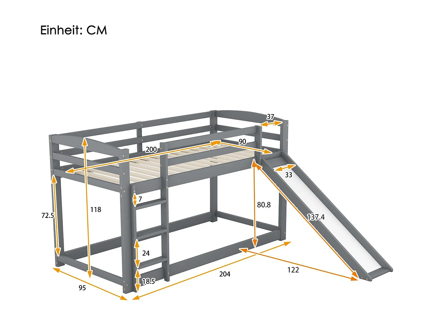 Lit superposé 90 x 200 cm - Avec toboggan et escalier - Pin - Charge max 120 kg - Gris