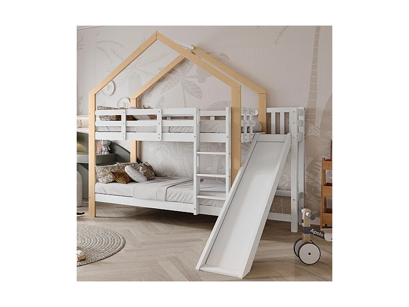 Etagenbetten Cabane 2x90x200 cm, mit Rutschen und Regalen, fester Kiefern, Weiß und natürlich