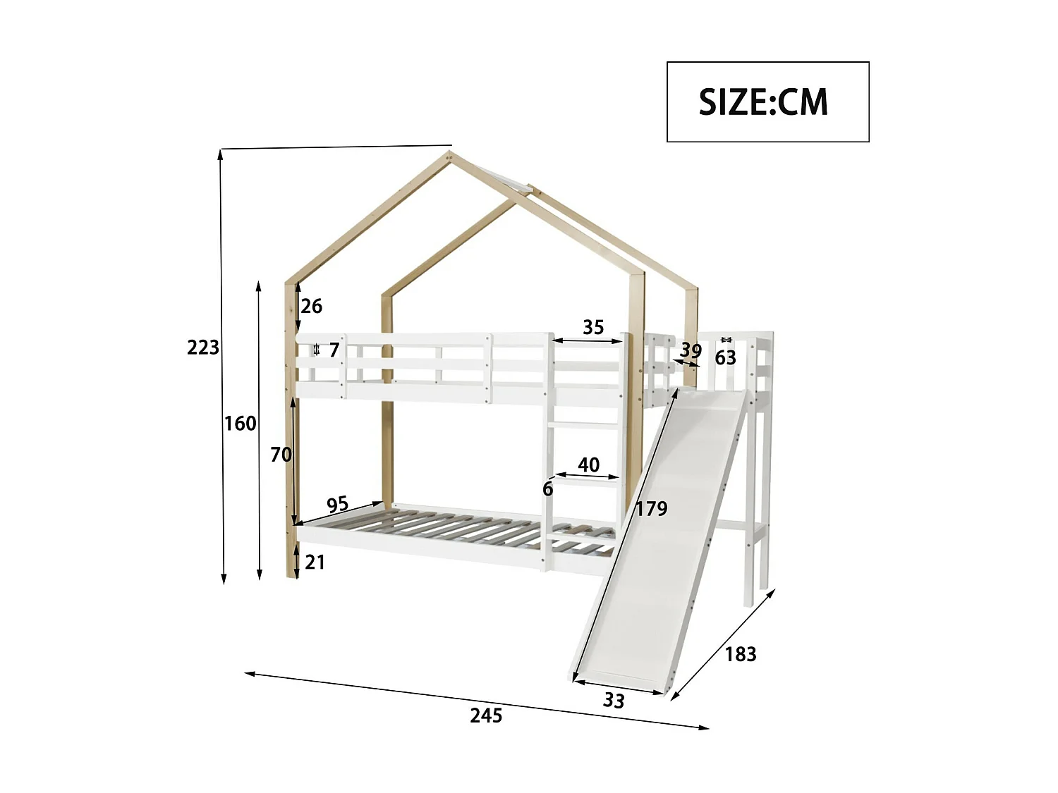 Lits superposés cabane 2x90x200 cm, avec toboggan et étagères, Pin massif, Blanc et naturel