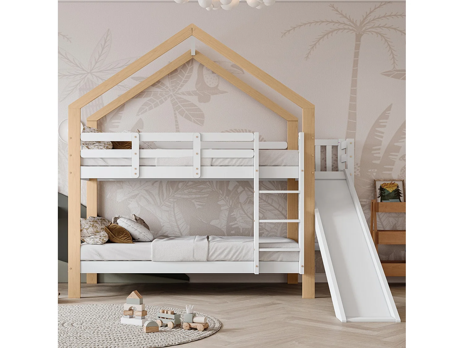 Lits superposés cabane 2x90x200 cm, avec toboggan et étagères, Pin massif, Blanc et naturel