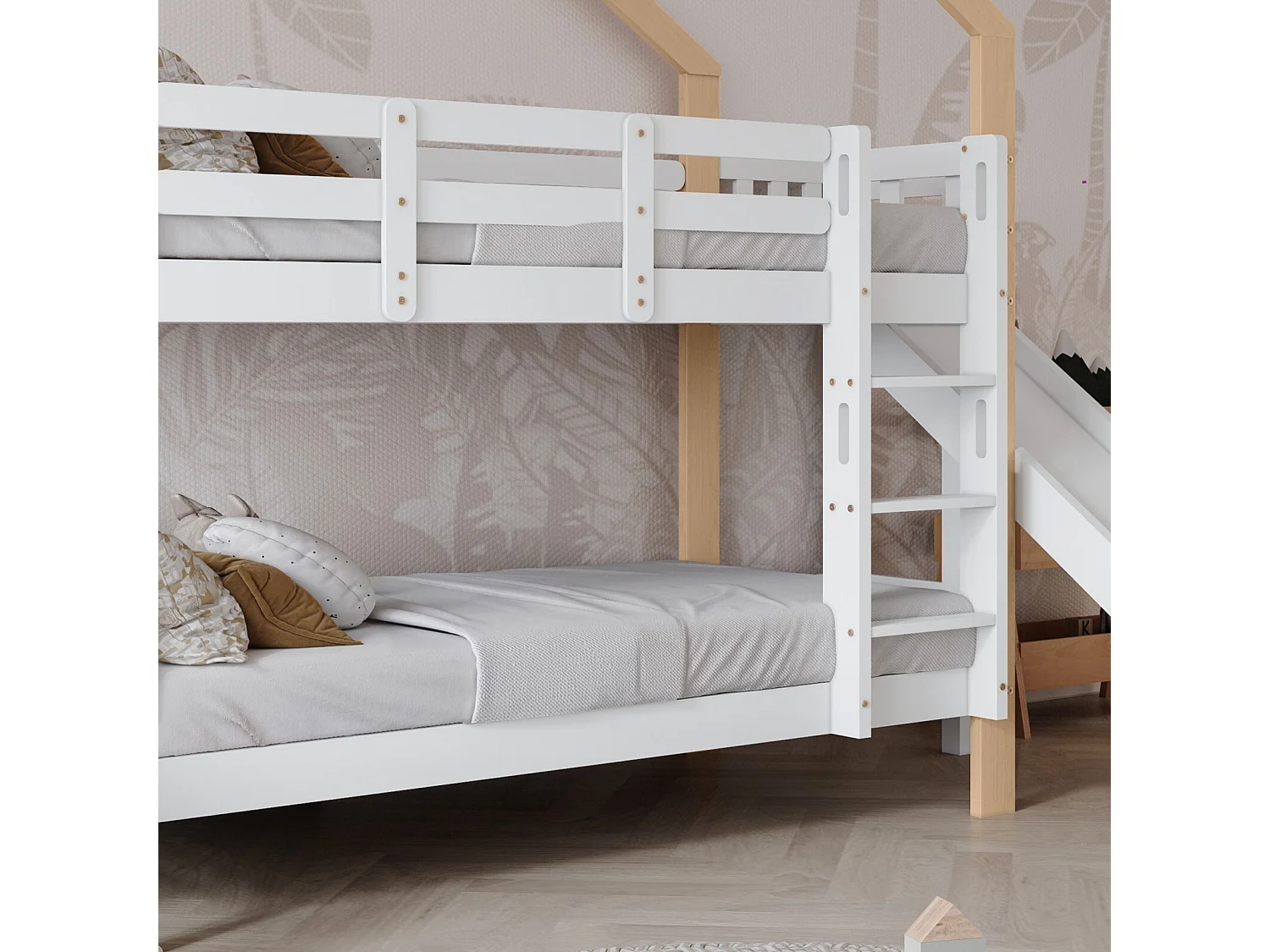 Lits superposés cabane 2x90x200 cm, avec toboggan et étagères, Pin massif, Blanc et naturel