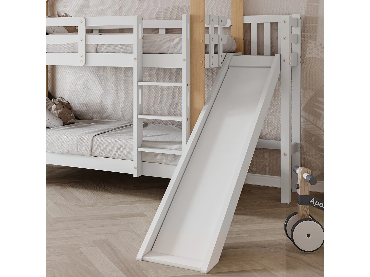 Lits superposés cabane 2x90x200 cm, avec toboggan et étagères, Pin massif, Blanc et naturel