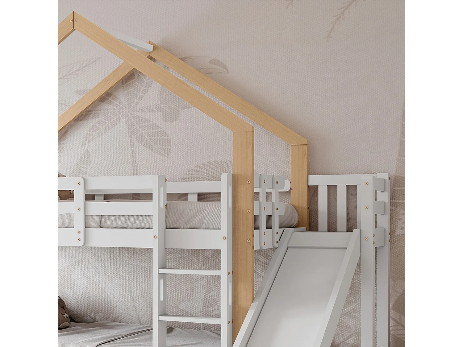 Lits superposés cabane 2x90x200 cm, avec toboggan et étagères, Pin massif, Blanc et naturel