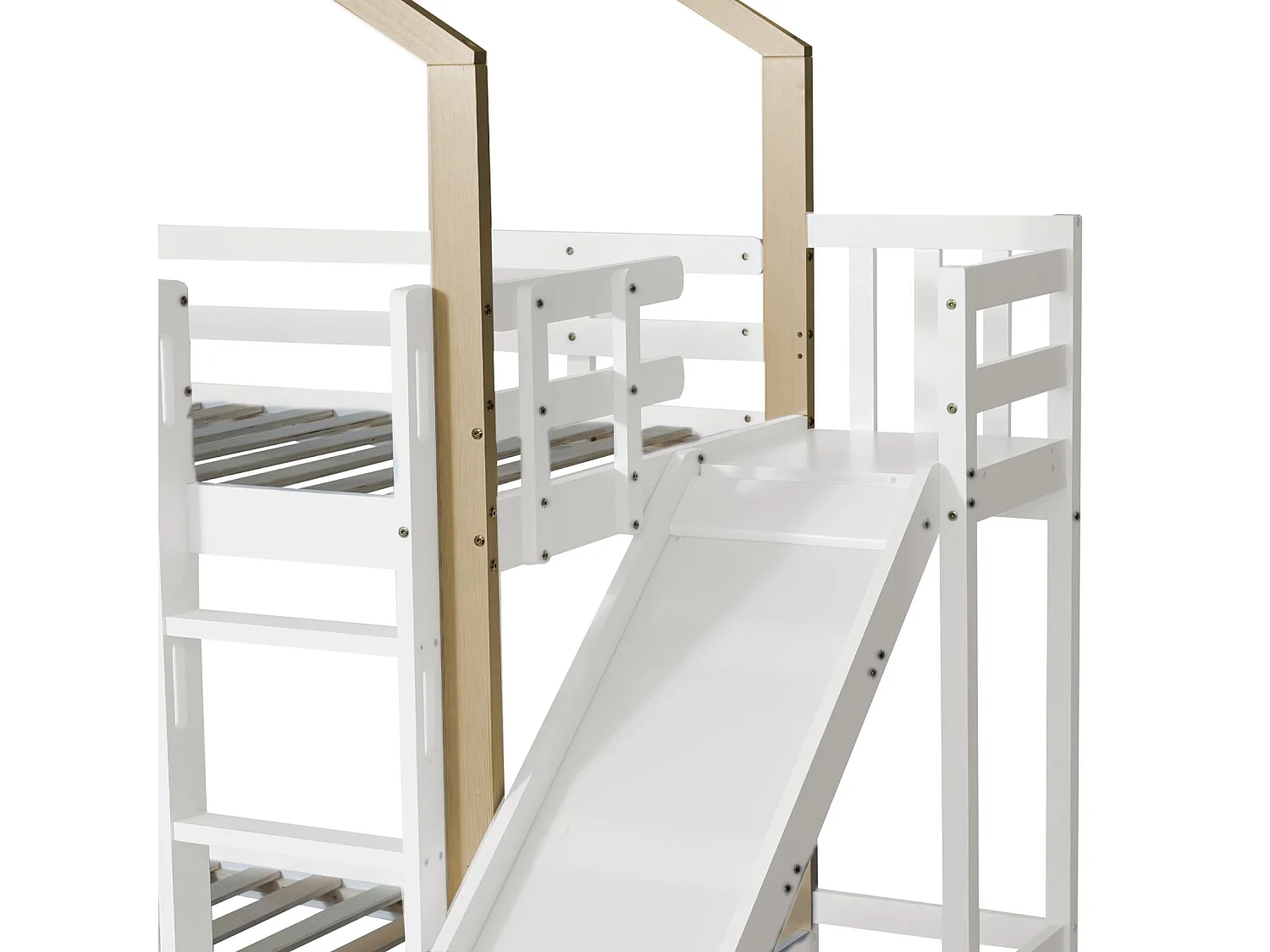 Lits superposés cabane 2x90x200 cm, avec toboggan et étagères, Pin massif, Blanc et naturel