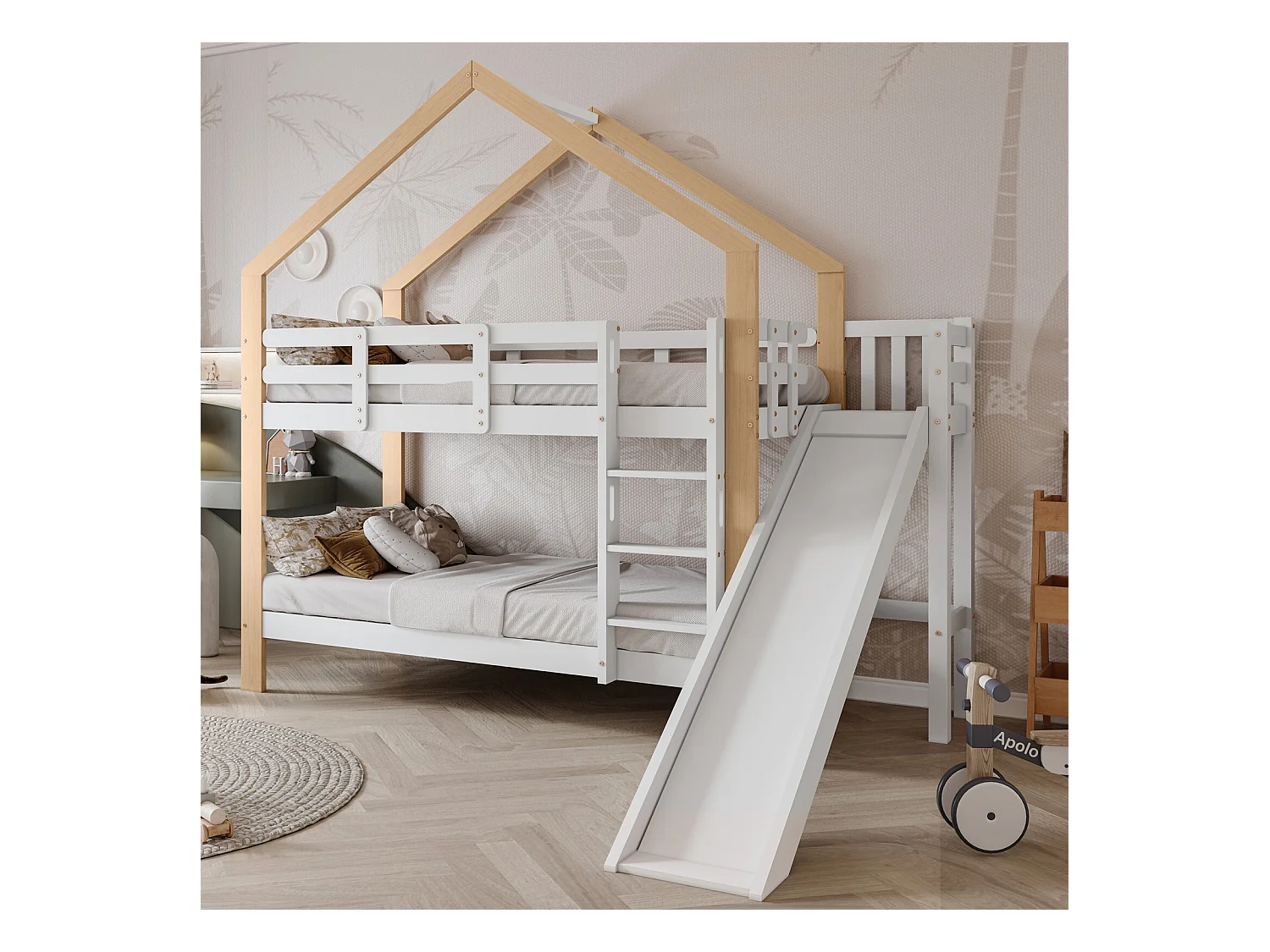 Lits superposés cabane 2x90x200 cm, avec toboggan et étagères, Pin massif, Blanc et naturel