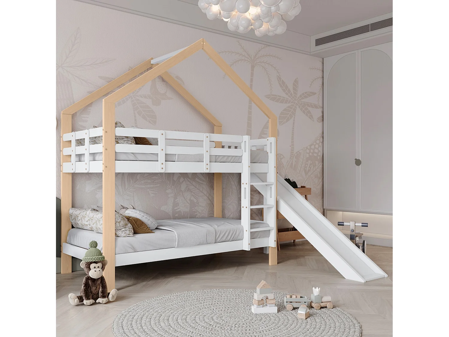 Lits superposés cabane 2x90x200 cm, avec toboggan et étagères, Pin massif, Blanc et naturel