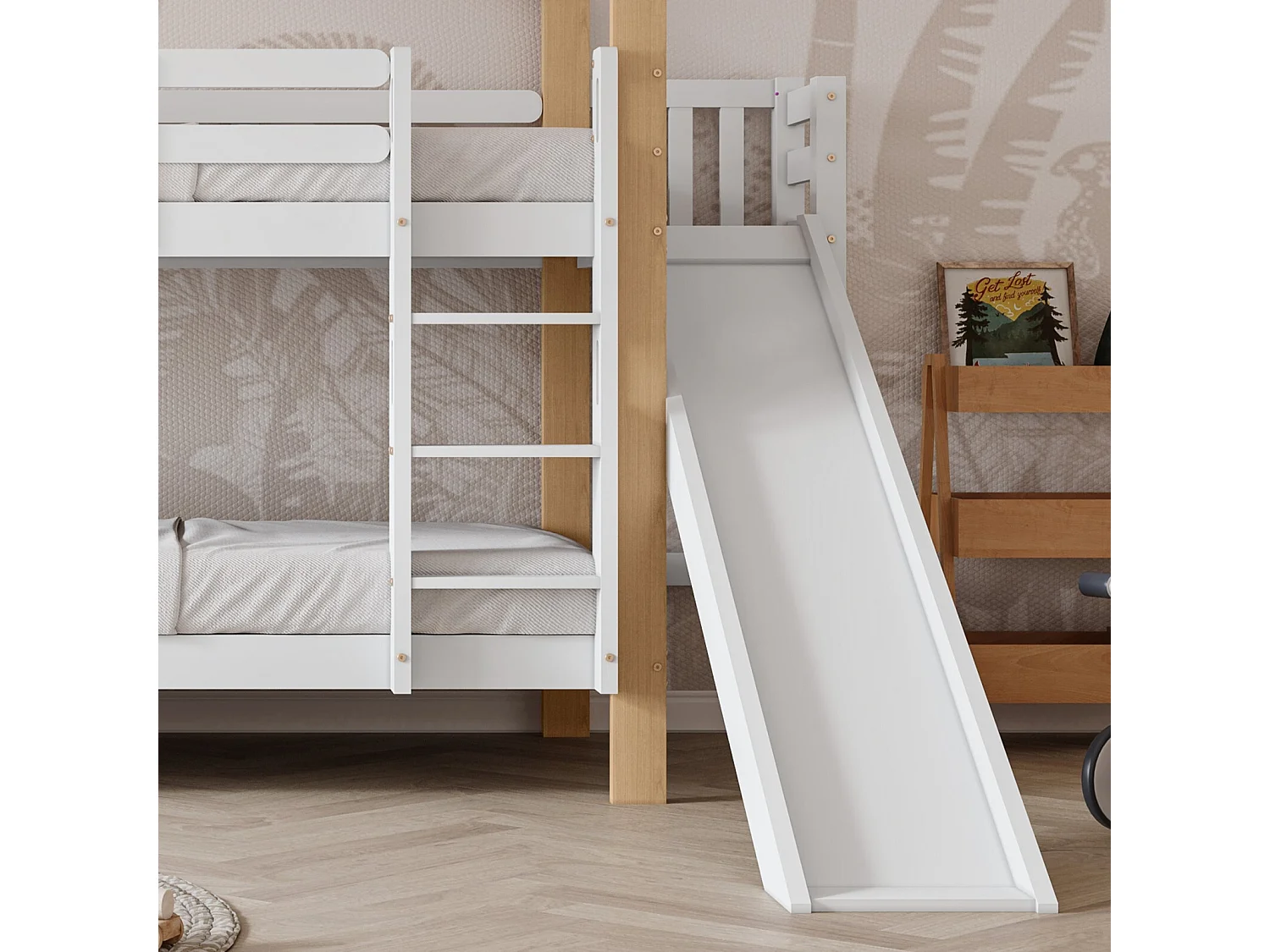 Lits superposés cabane 2x90x200 cm, avec toboggan et étagères, Pin massif, Blanc et naturel