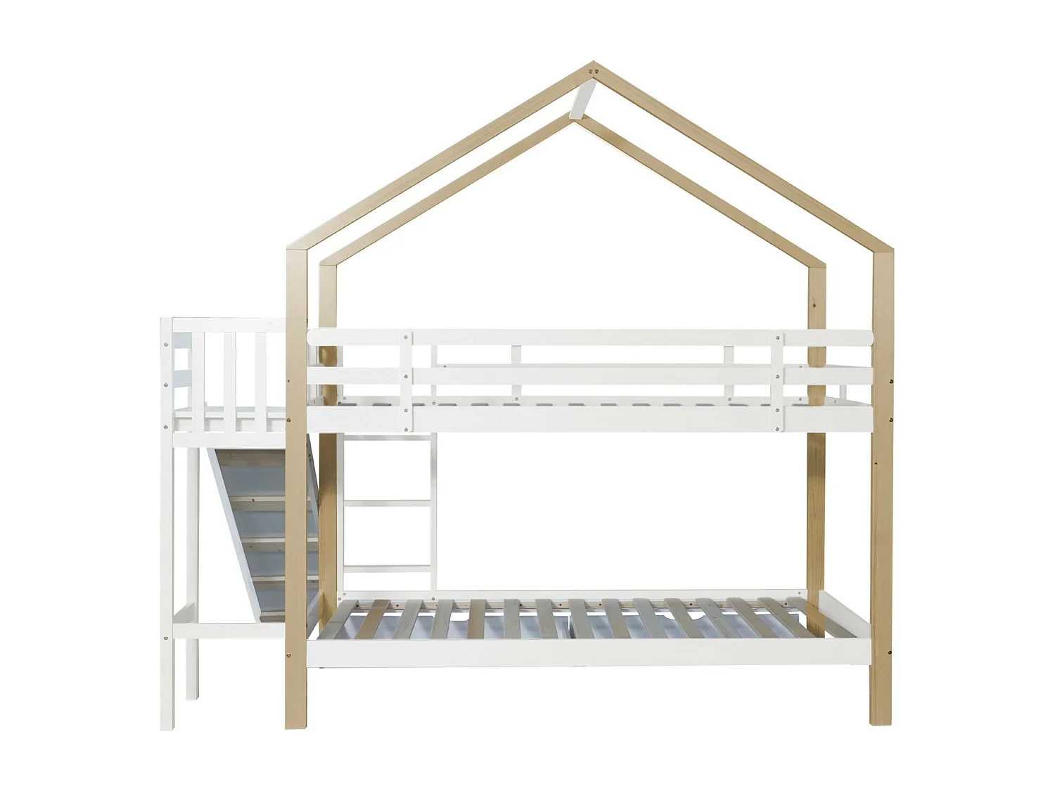 Lits superposés cabane 2x90x200 cm, avec toboggan et étagères, Pin massif, Blanc et naturel