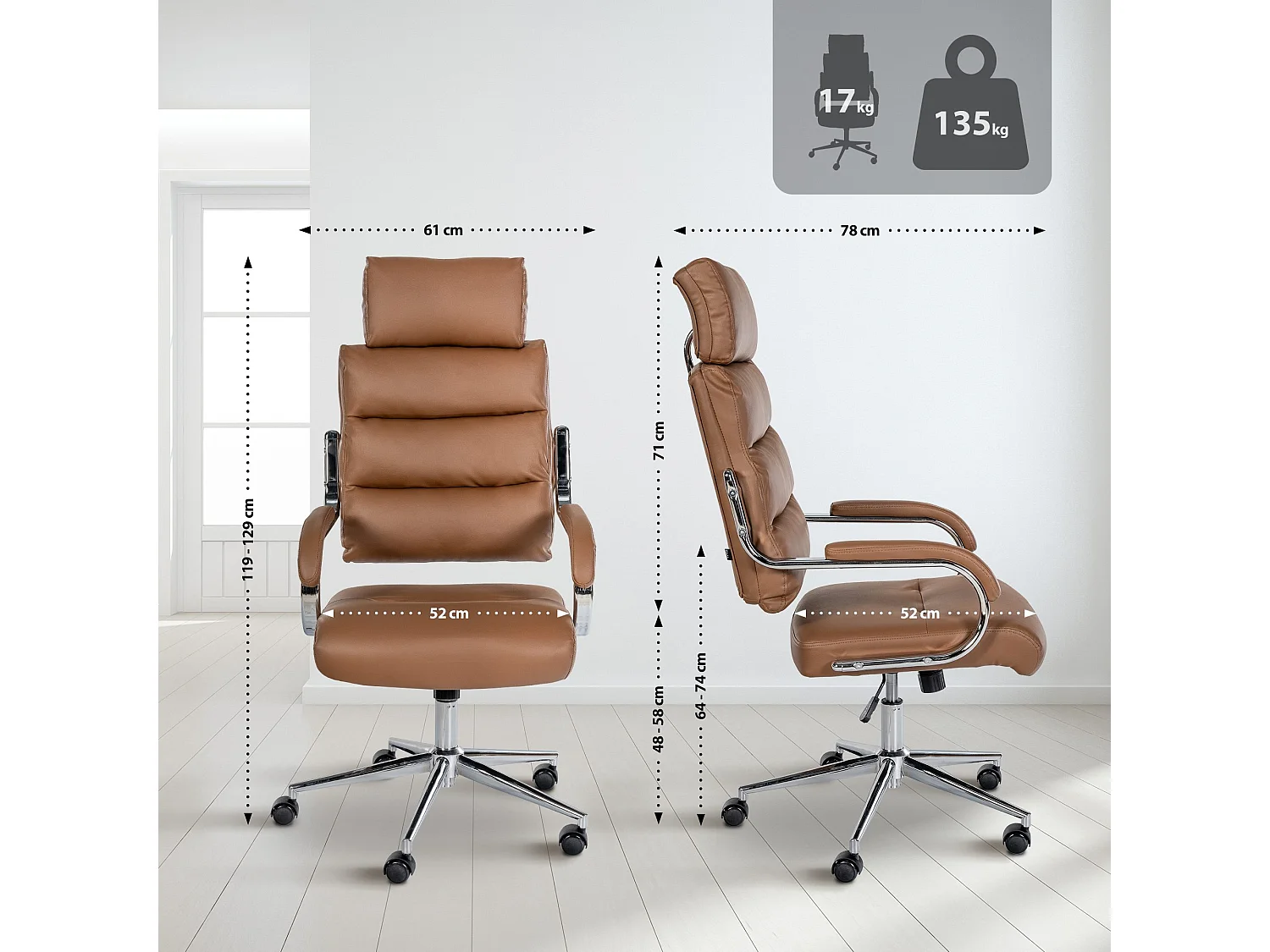 Chaise de bureau - Similicuir & Blanc - Marron clair - Campo