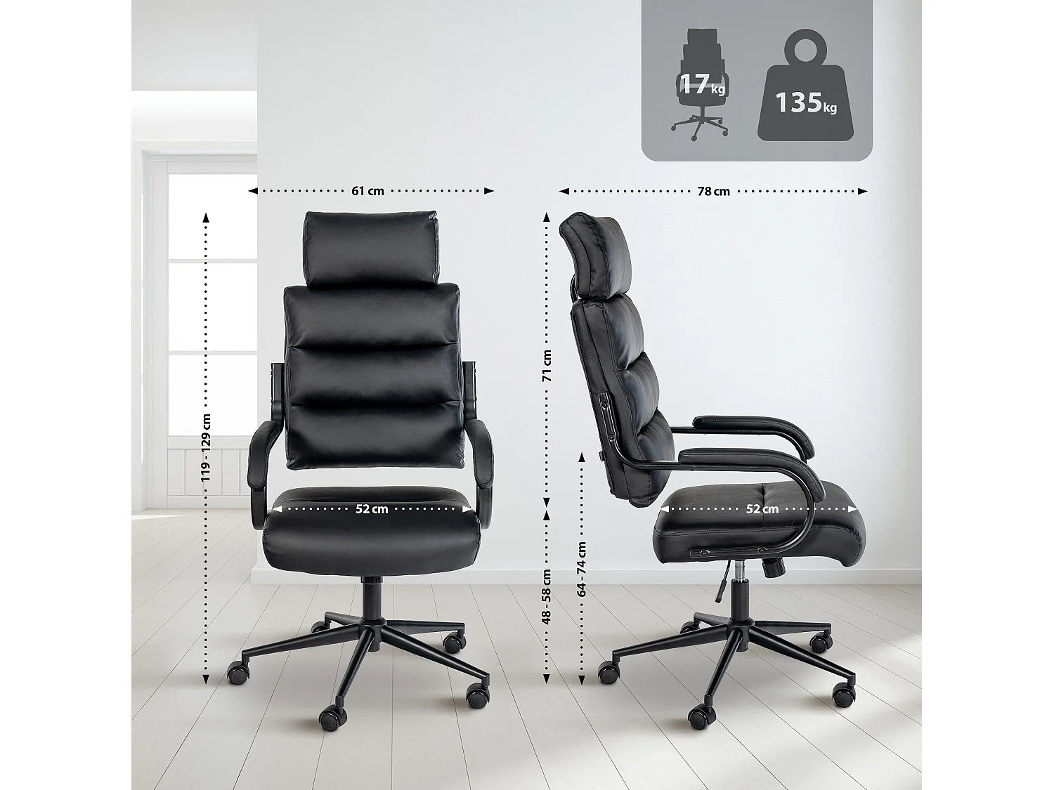 Chaise de bureau - Similicuir & Blanc - Noir / Noir - Campo