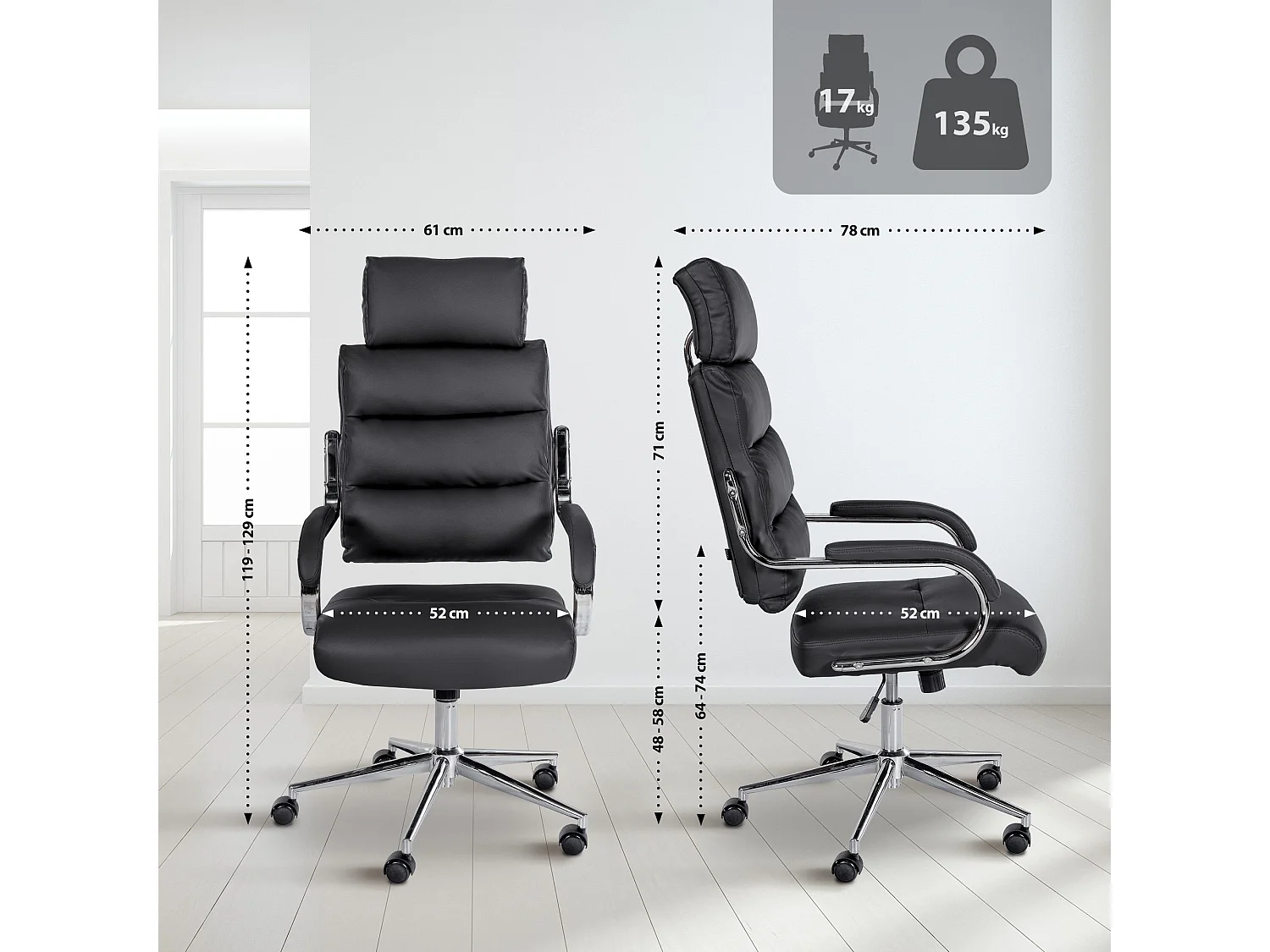 Chaise de bureau - Similicuir & Blanc - Noir - Campo