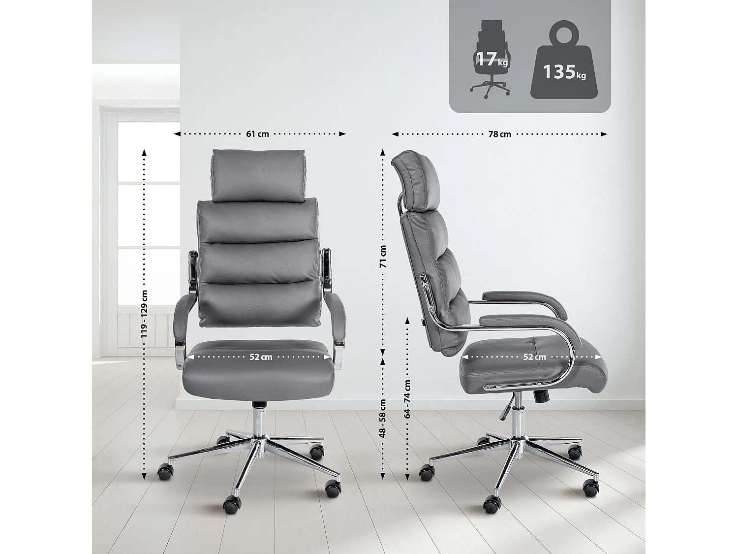 Chaise de bureau - Similicuir & Blanc - Gris - Campo