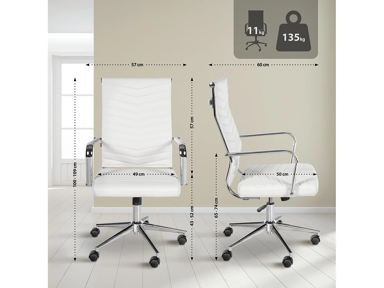 Chaise de bureau - Similicuir - Blanc - Canby