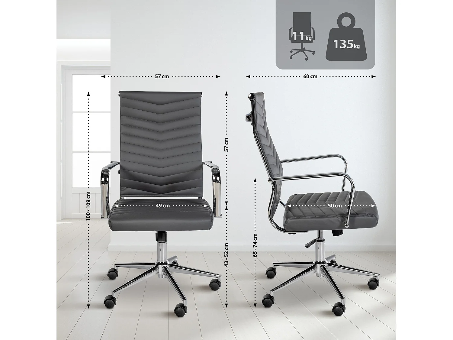 Chaise de bureau - Similicuir - Gris - Canby