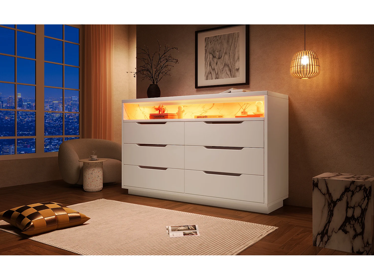 Zeitgenössischer Buffet mit LED - mit 6 Schubladen - Weiß