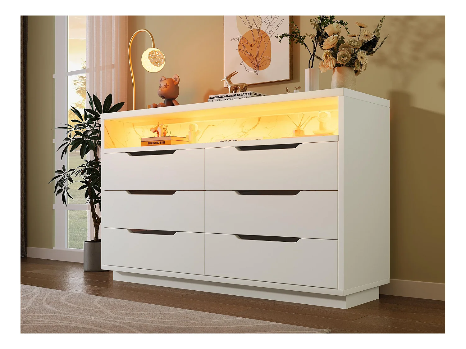 Buffet contemporain avec LED - Avec 6 tiroirs - Blanc