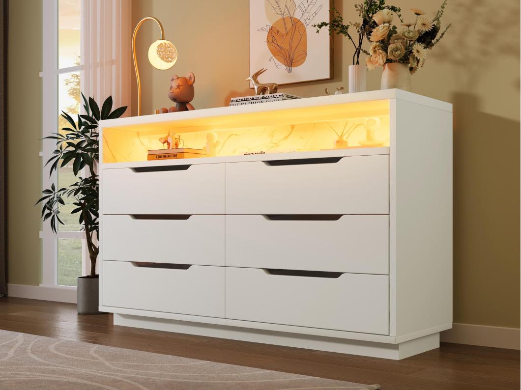 Contemporaine buffet met LED - met 6 lades - wit