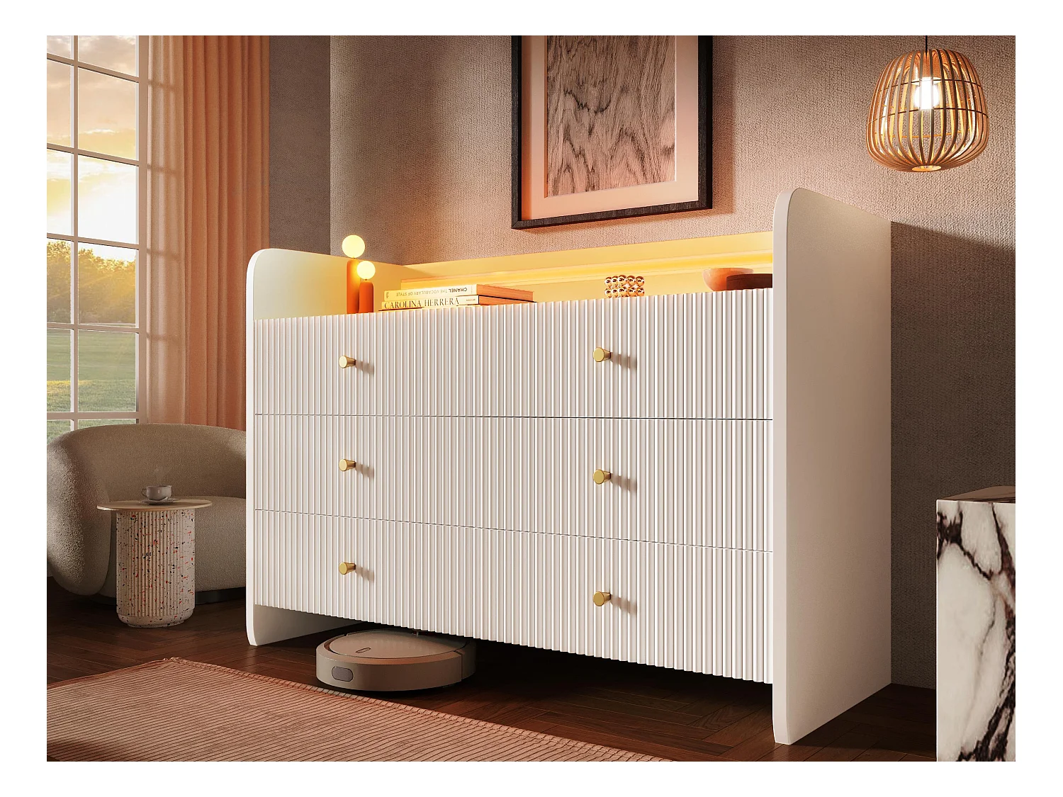 Buffet bas avec LED - Avec 6 tiroirs - Blanc