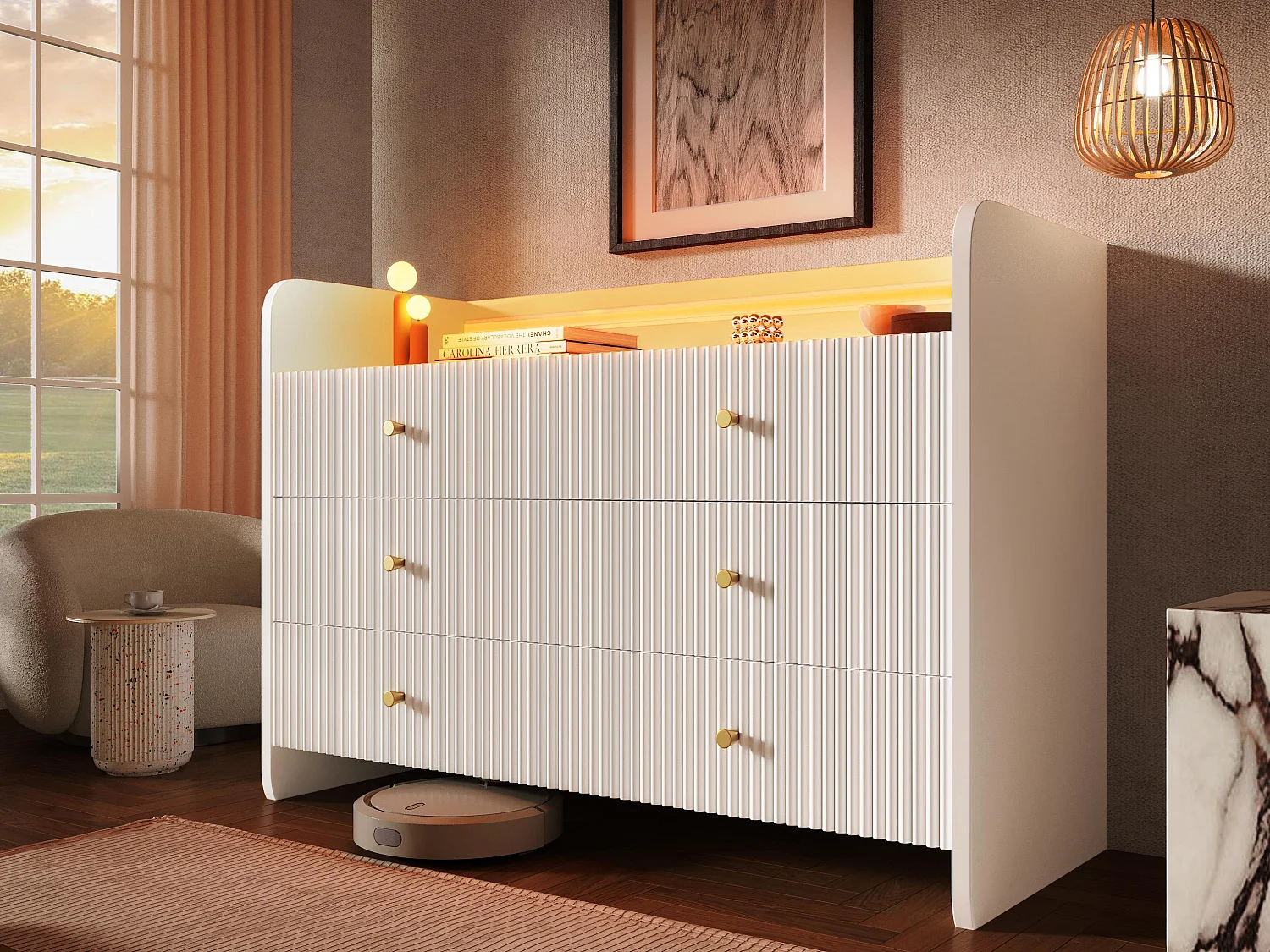 Buffet bas avec LED - Avec 6 tiroirs - Blanc