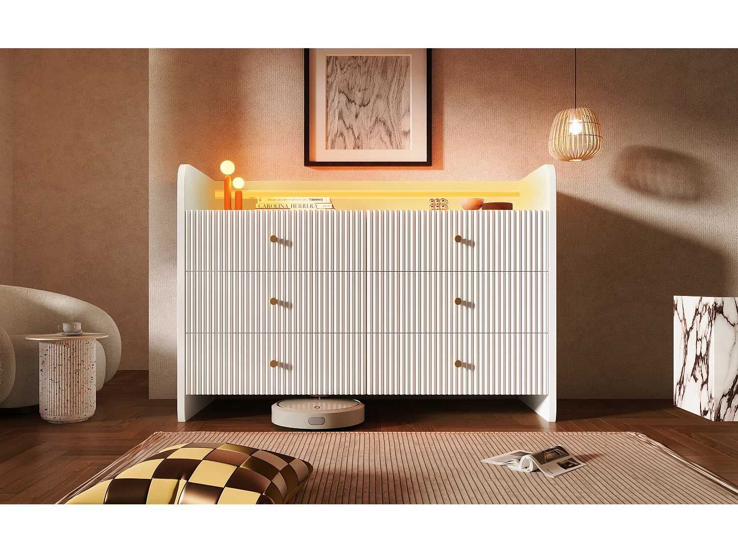 Buffet bas avec LED - Avec 6 tiroirs - Blanc