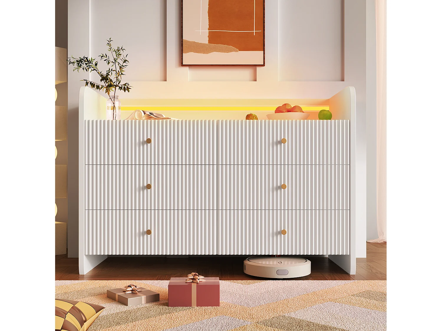 Buffet bas avec LED - Avec 6 tiroirs - Blanc