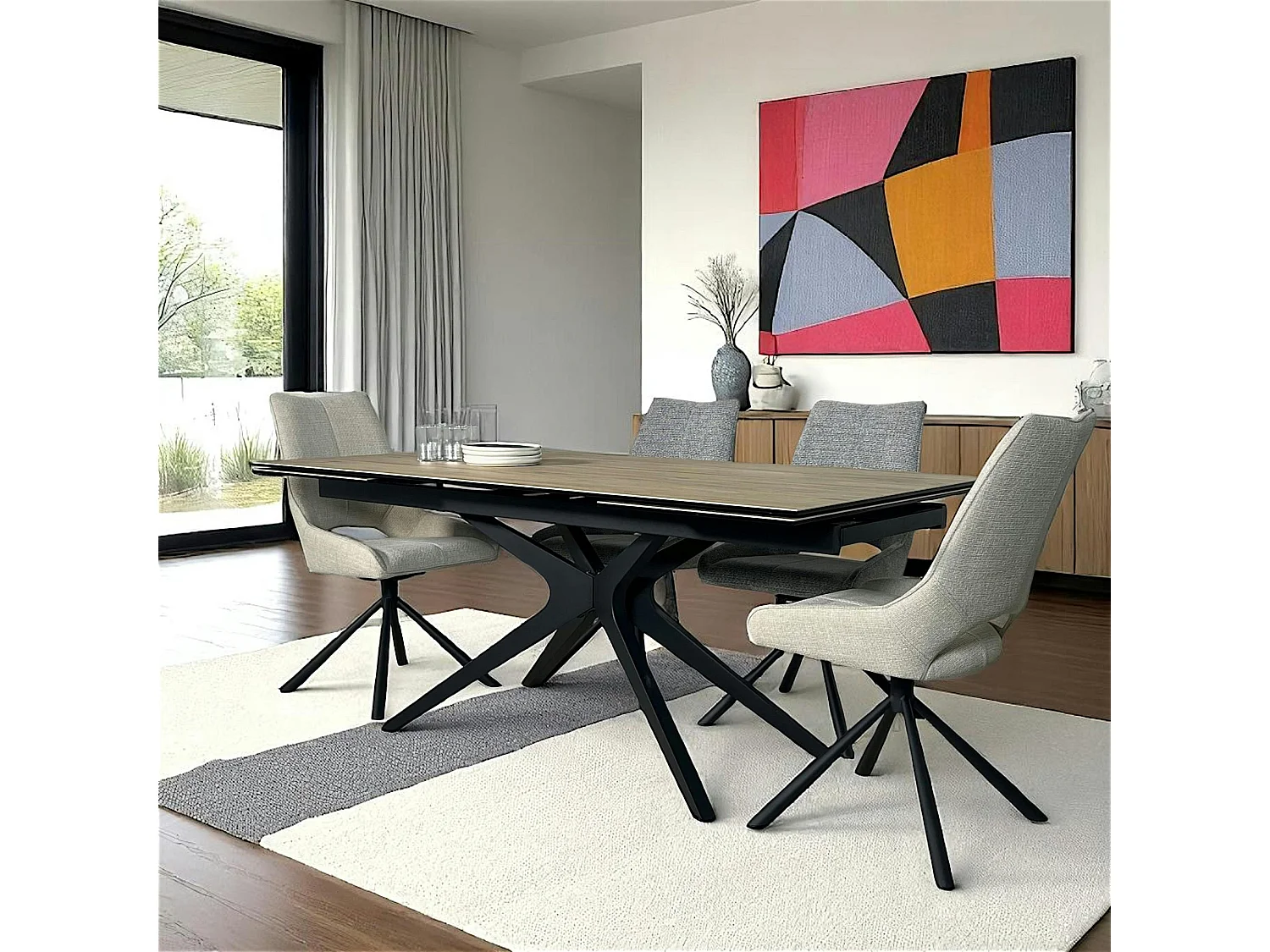 Table à manger extensible 180-280 cm céramique effet bois pied croisé LOMBARDIE