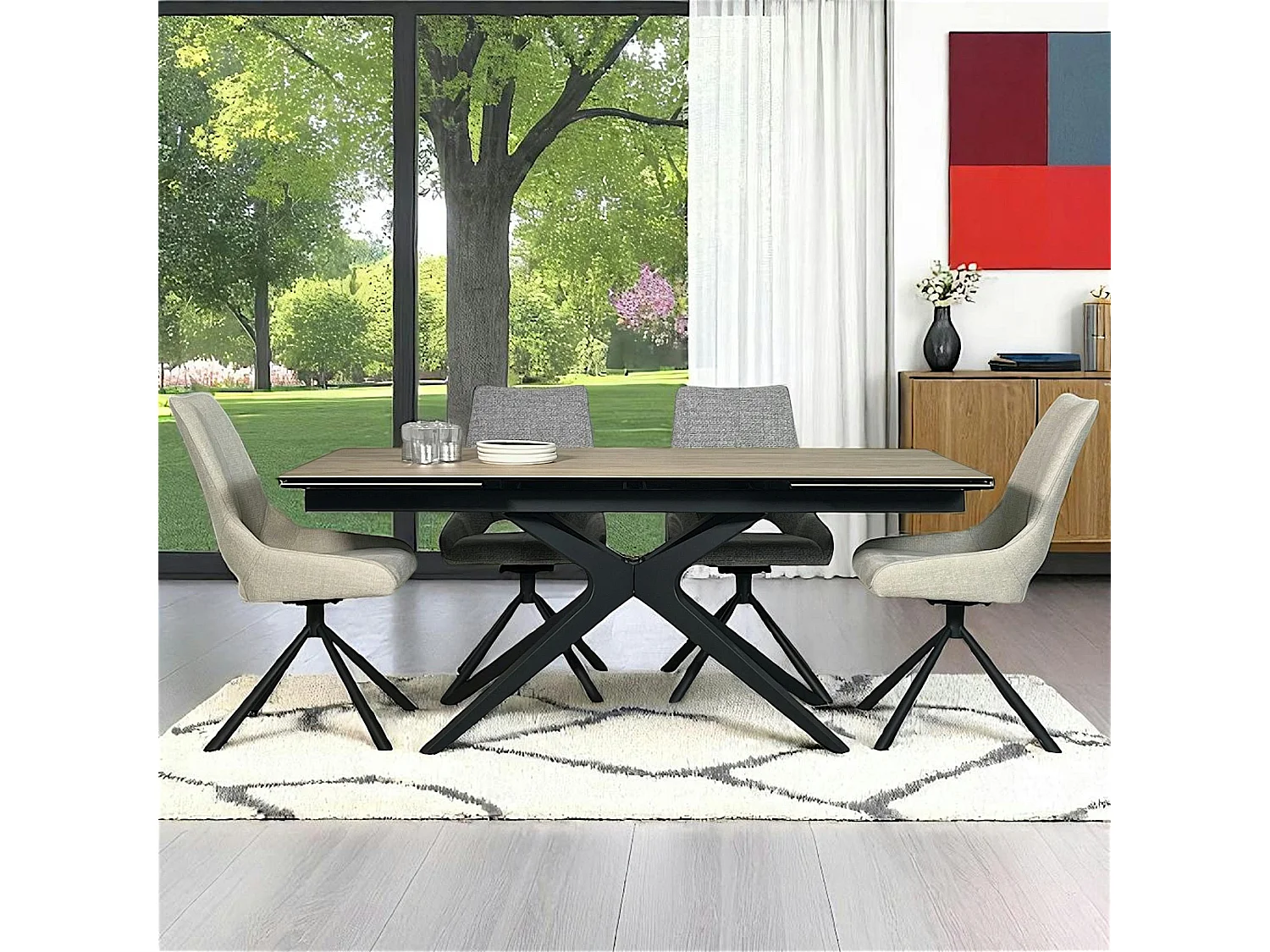 Table à manger extensible 180-280 cm céramique effet bois pied croisé LOMBARDIE