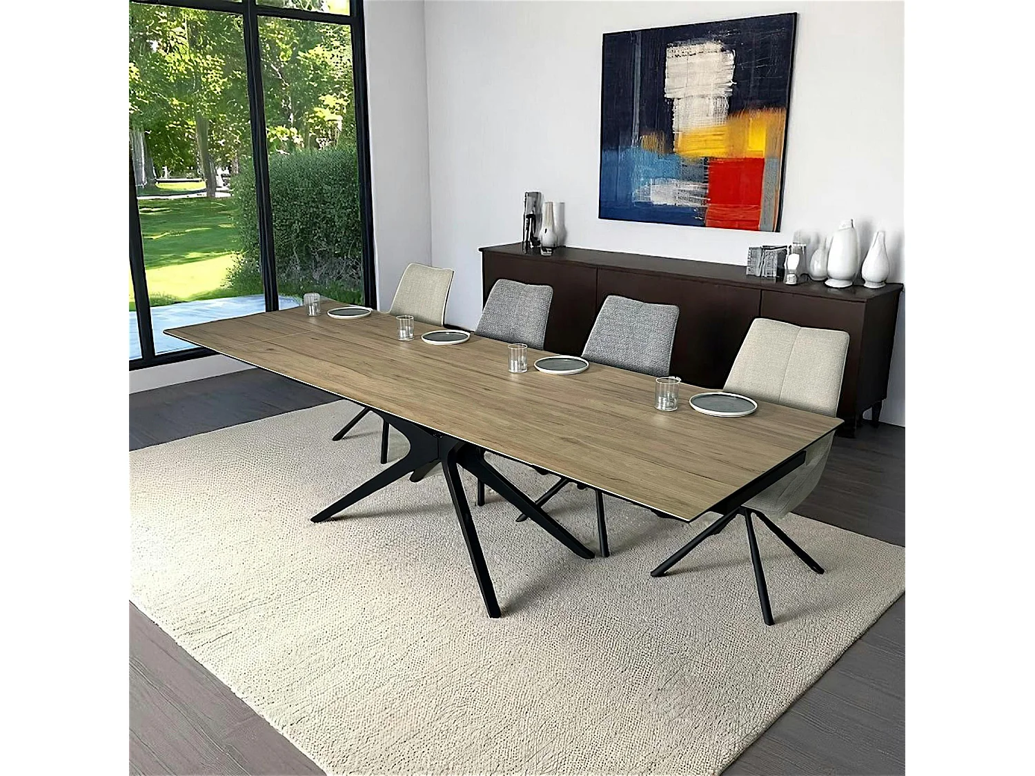 Table à manger extensible 180-280 cm céramique effet bois pied croisé LOMBARDIE