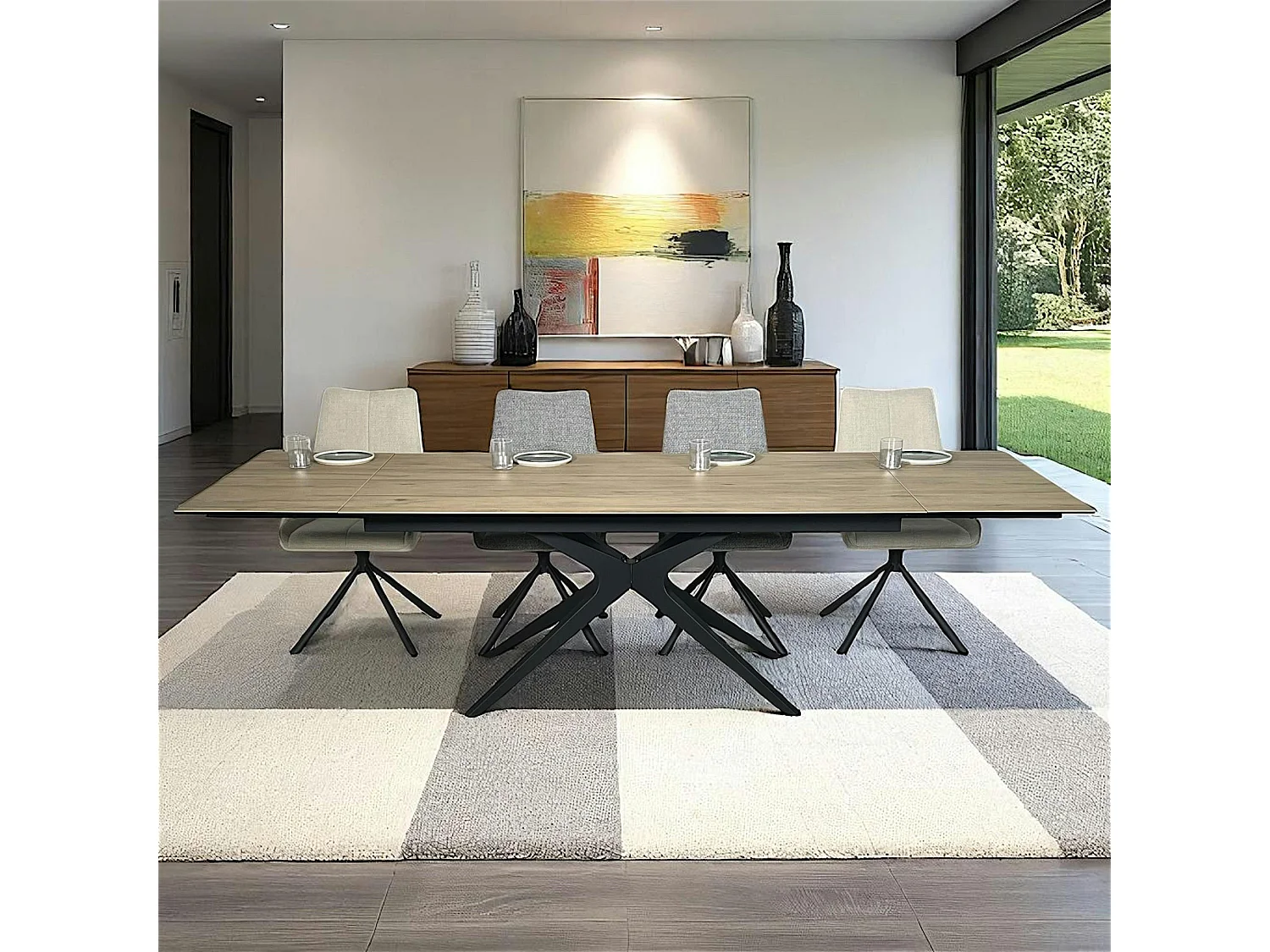 Table à manger extensible 180-280 cm céramique effet bois pied croisé LOMBARDIE
